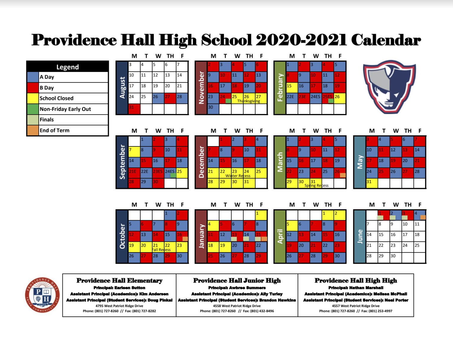 Providence Hall A/B Calendar
