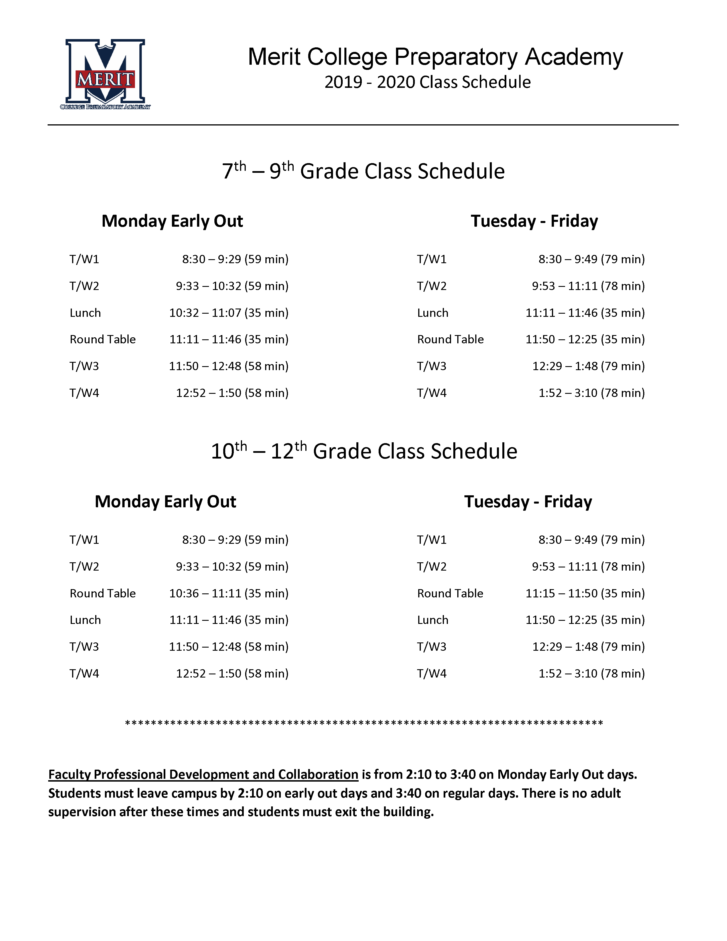 Merit Academy Class Schedule